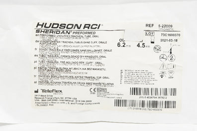 Teleflex 5-22009 Hudson RCI Preformed Tracheal Tube Uncuffed Oral 6.2 x 4.5mm(x)